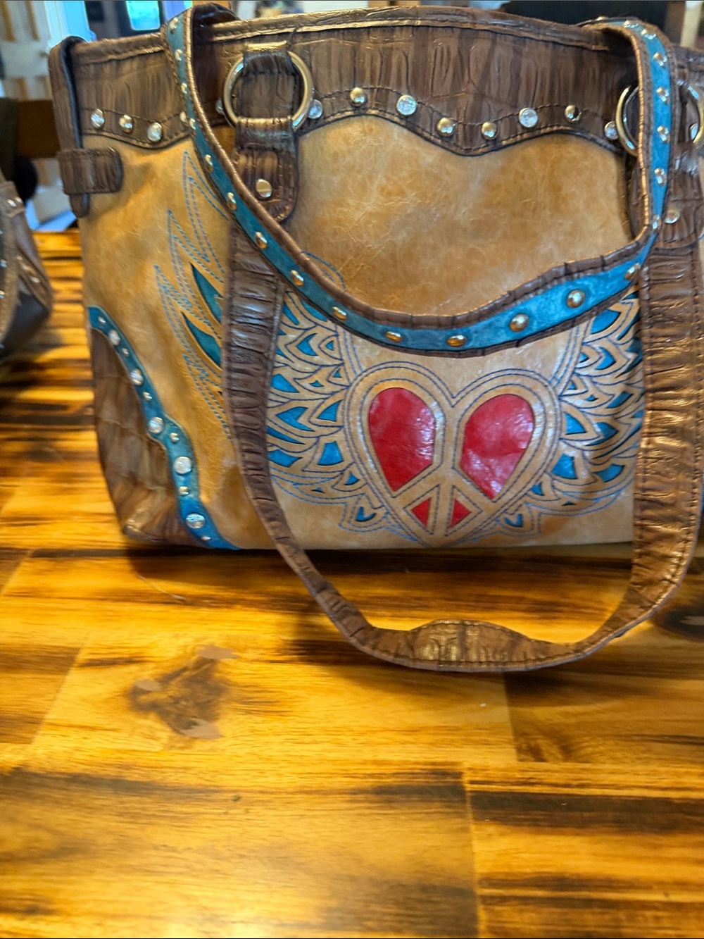 Blazin Roxx Brown Tote with Red Heart and Turquoise Accents